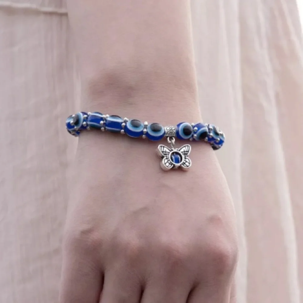 NWT Bright Blue Black Beaded Butterfly Lucky Bracelet Meditation - Picture 6 of 8